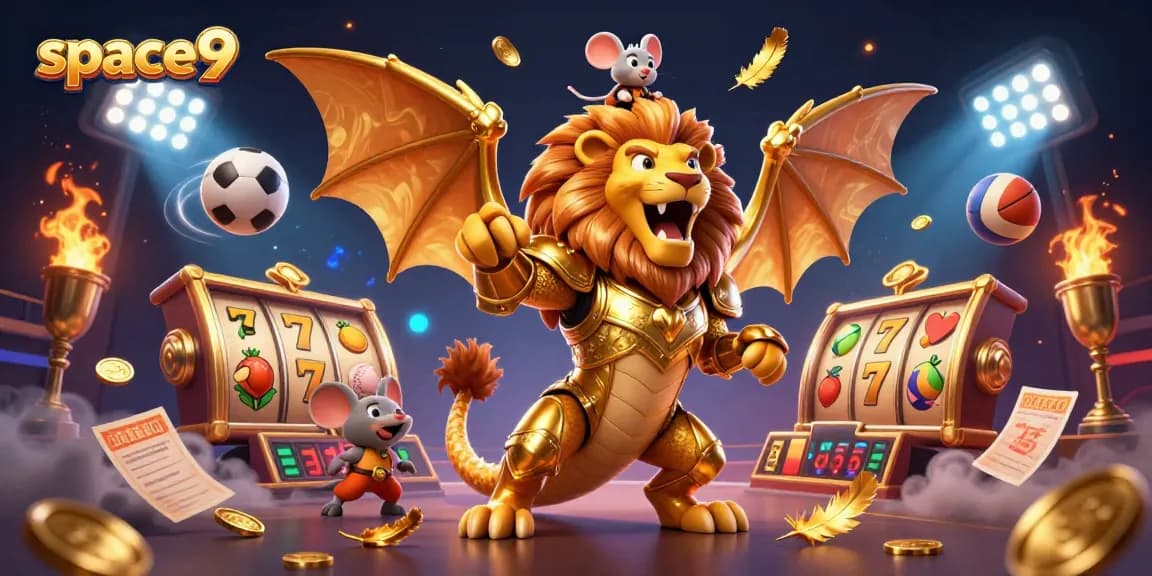 Experience thrilling gaming at space9 with a 3D chimera attacking while slot reels and sports elements fly in celebration.