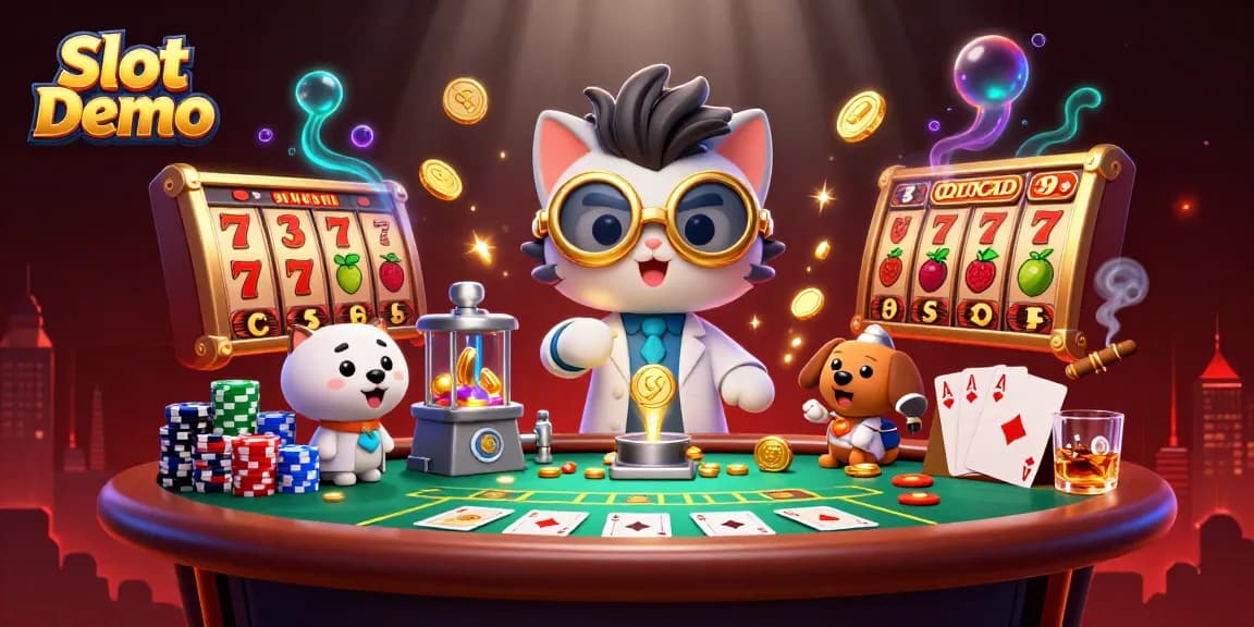 Experience Slot Demo excitement with a lively scene featuring animated characters, sparkling coins, and slot reels.