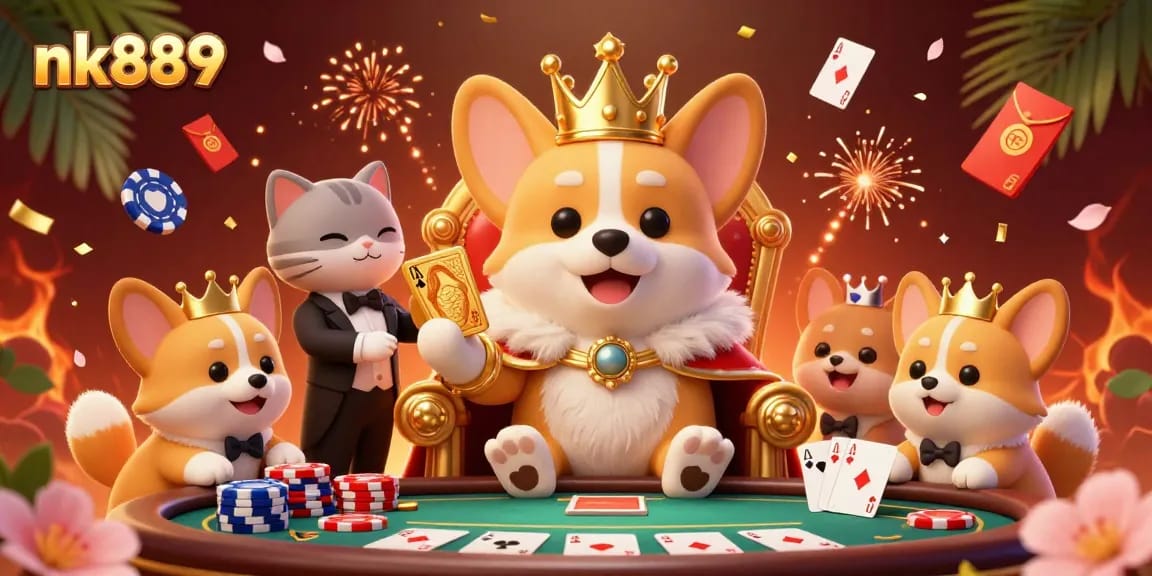 Experience exciting gameplay with nk889, featuring a royal corgi on poker chips amidst vibrant casino elements.