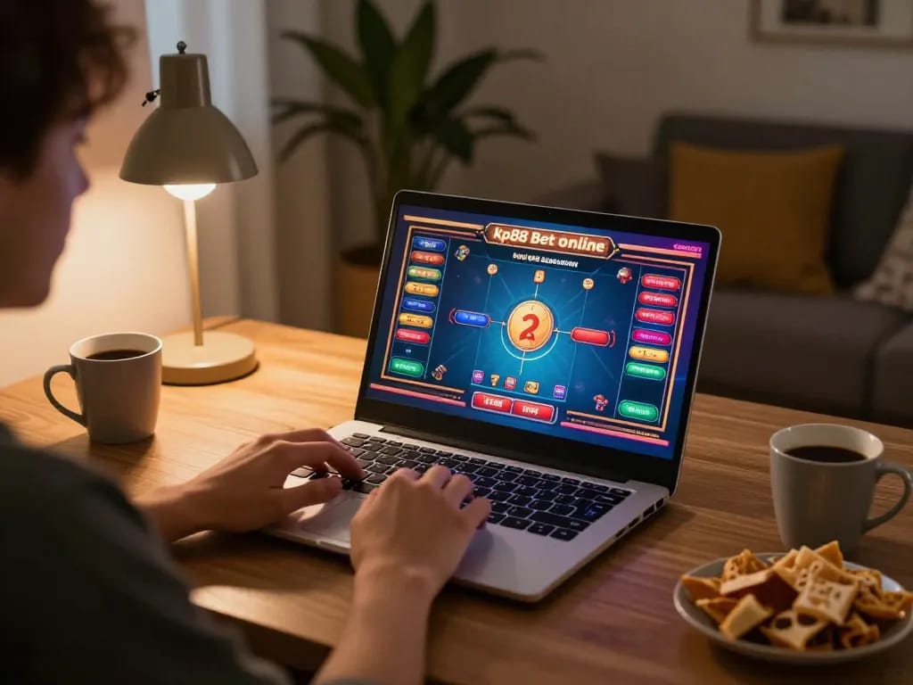 Engaging in kp88 bet online gaming at home with vibrant graphics and cozy atmosphere.