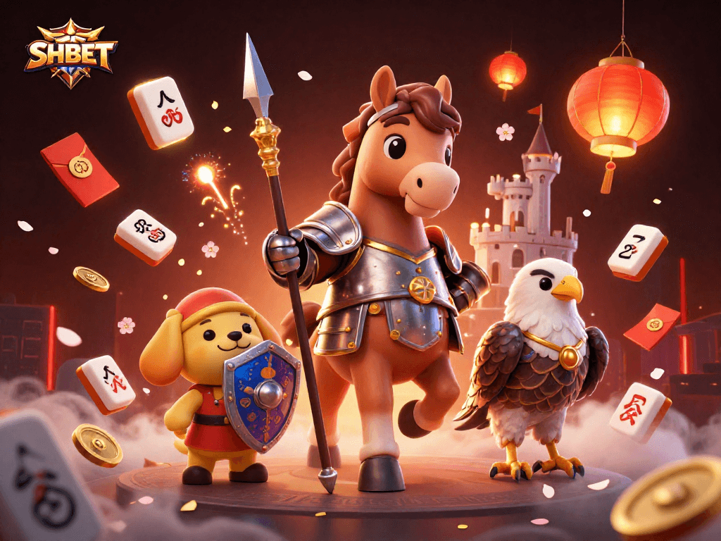 Engage in thrilling gambling at SHBET's vibrant casino with knights, a puppy squire, and festive elements.