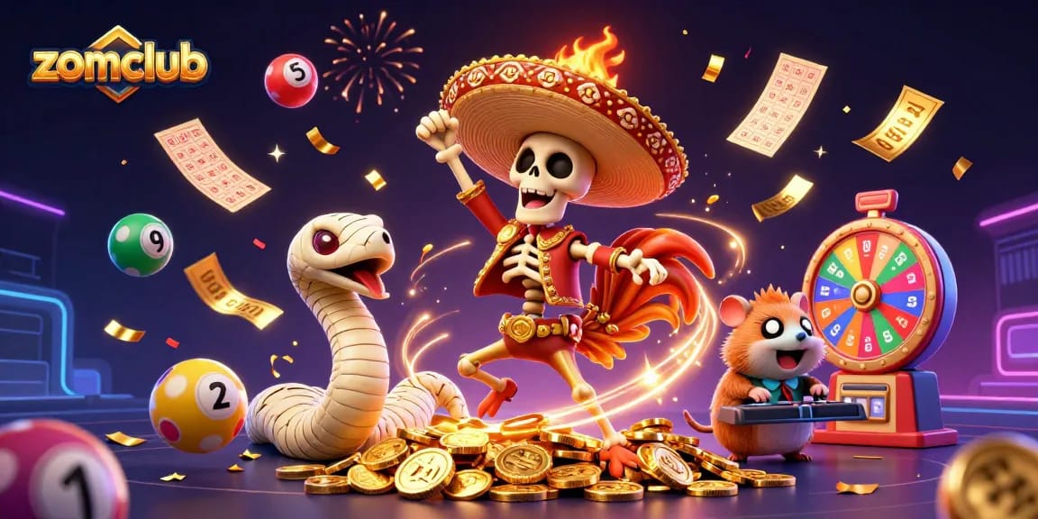 Engage in thrilling gameplay at zomclub with a vibrant 3D casino scene featuring festive characters and colorful elements.