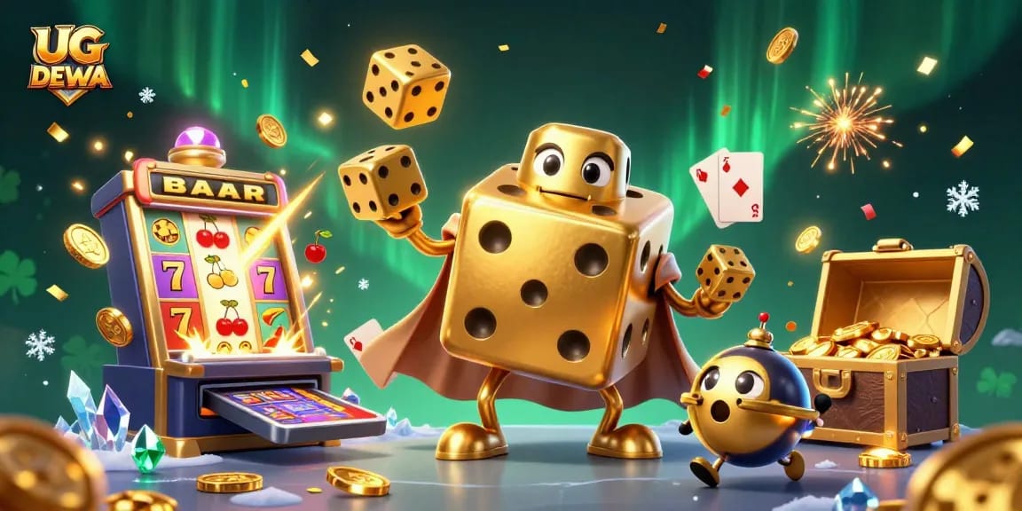 Experience thrilling gameplay at UG DEWA with dynamic golden dice characters and sparkling slot elements.