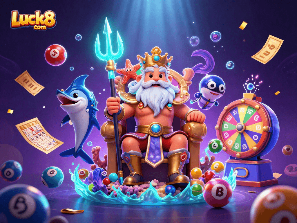 Engage with the exciting Luck8 com casino experience featuring Neptune, lottery elements, and vibrant visuals.