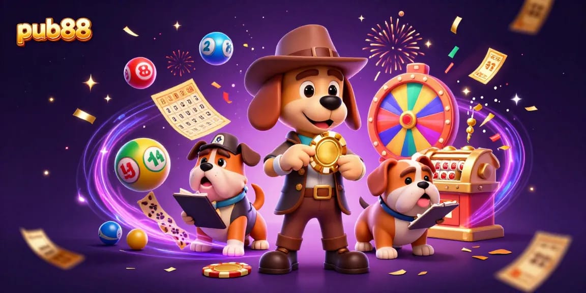 Experience excitement at pub88 with a detective searching for treasure among festive lottery elements.