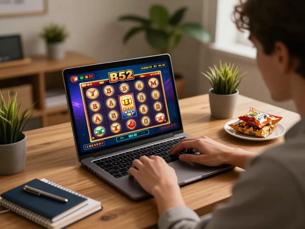 B52 gamers enjoying online slots in a cozy setup, showcasing engaging gameplay and personal environment.