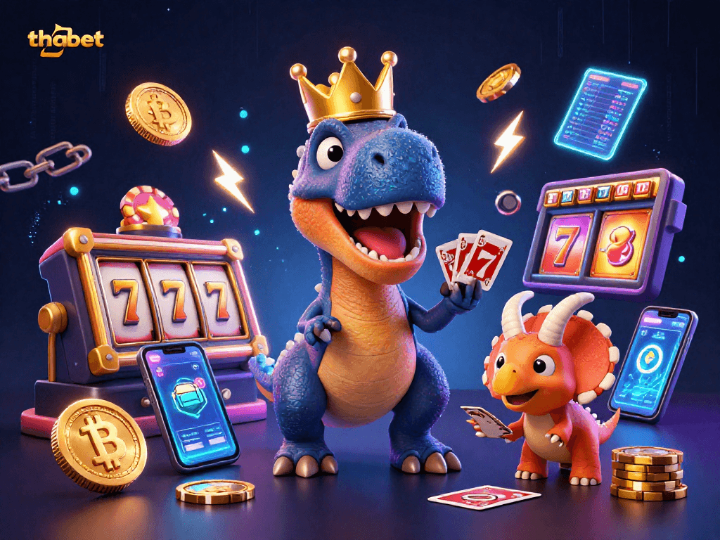 Bet big at thabet with a vibrant 3D scene of cartoon dinosaurs enjoying casino games and crypto elements.