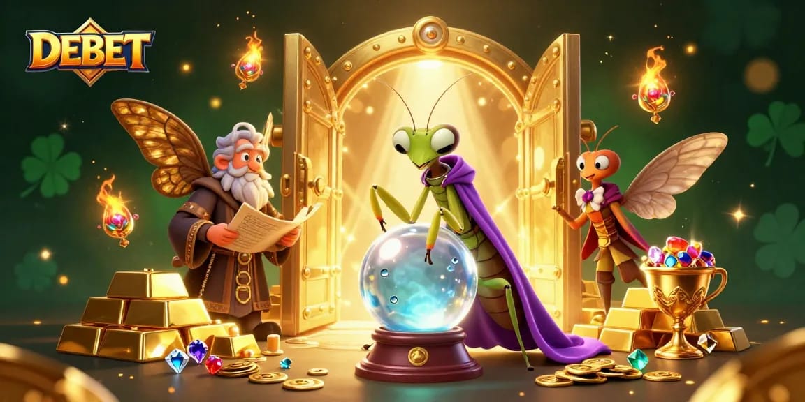 Engage with DEBET and explore a vibrant 3D casino world filled with treasures and magical characters.