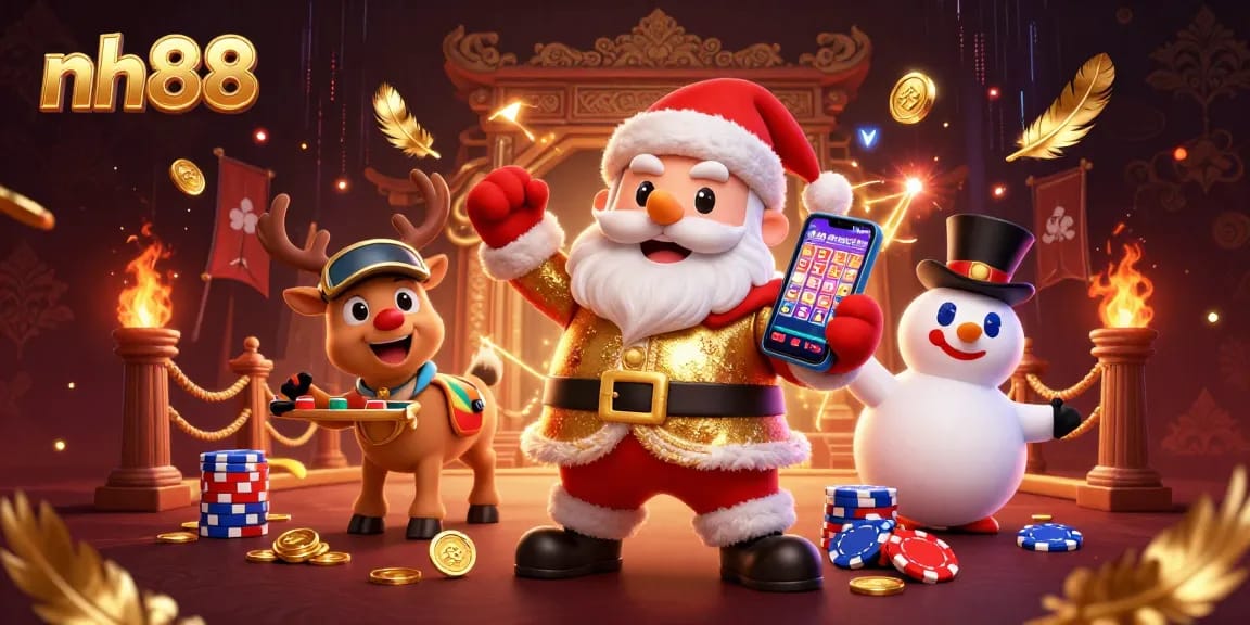 Spin to win at nh88 with a festive scene of Santa, reindeer, and snowman celebrating casino games!