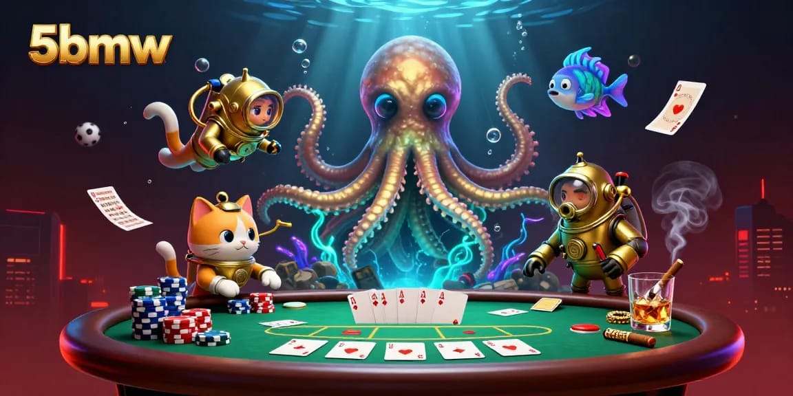 Experience thrilling gameplay with 5bmw's vibrant illustration featuring a kraken and card game dynamics.