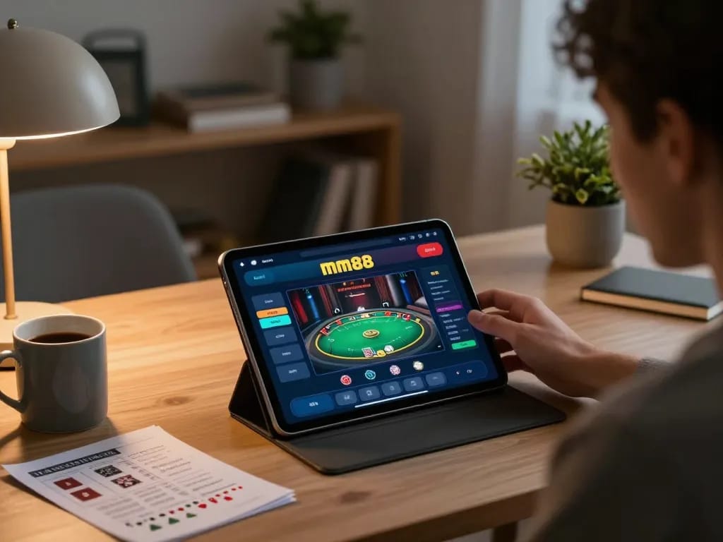 Player enjoying mm88 casino app on tablet from a cozy home, showcasing poker gameplay