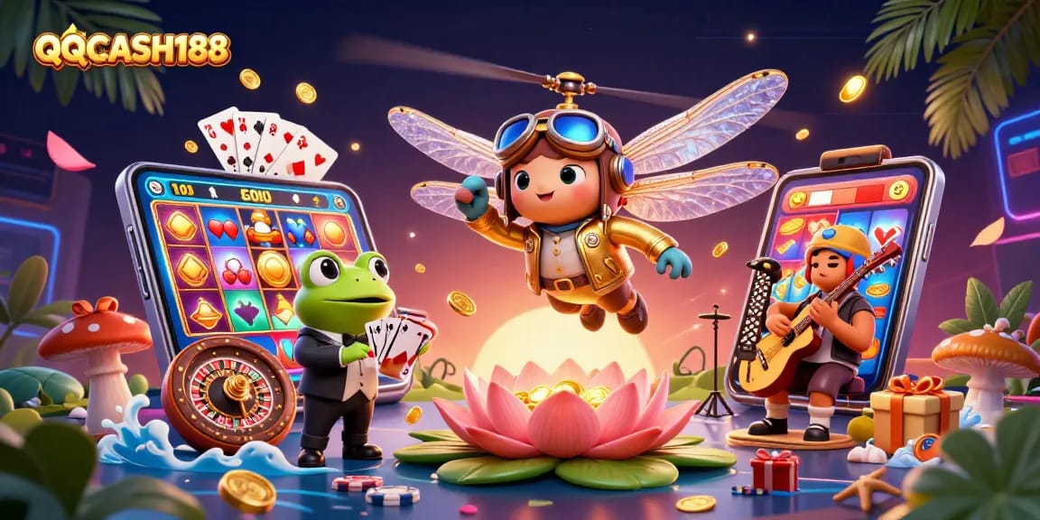 Experience thrilling gameplay with QQCASH188 in this vibrant casino illustration.