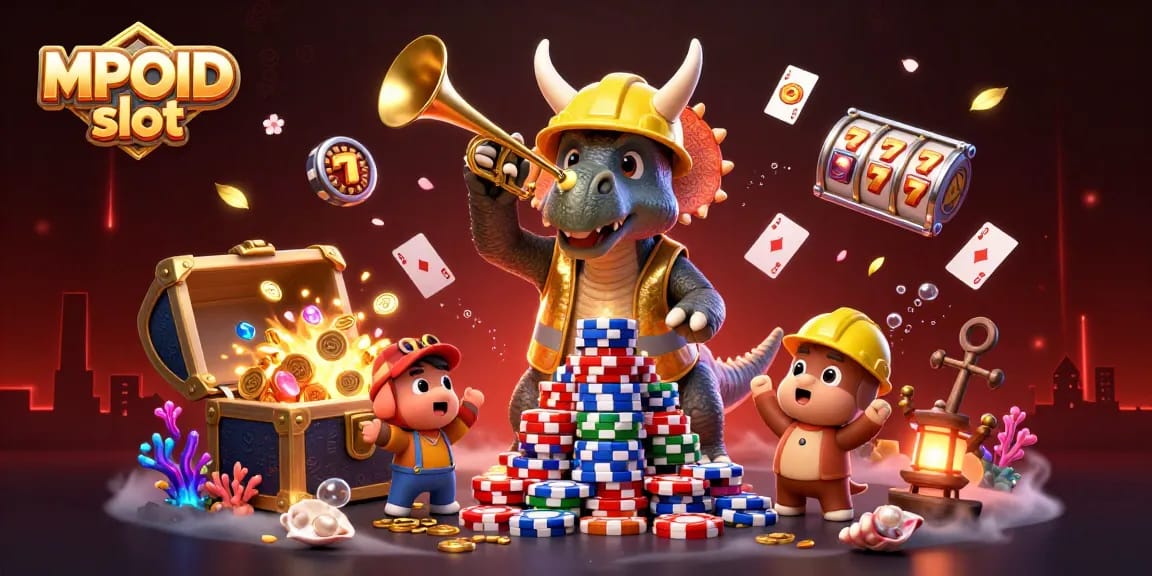 MPOID slot illustration showcases a triceratops building poker chip pyramids with vibrant casino elements.