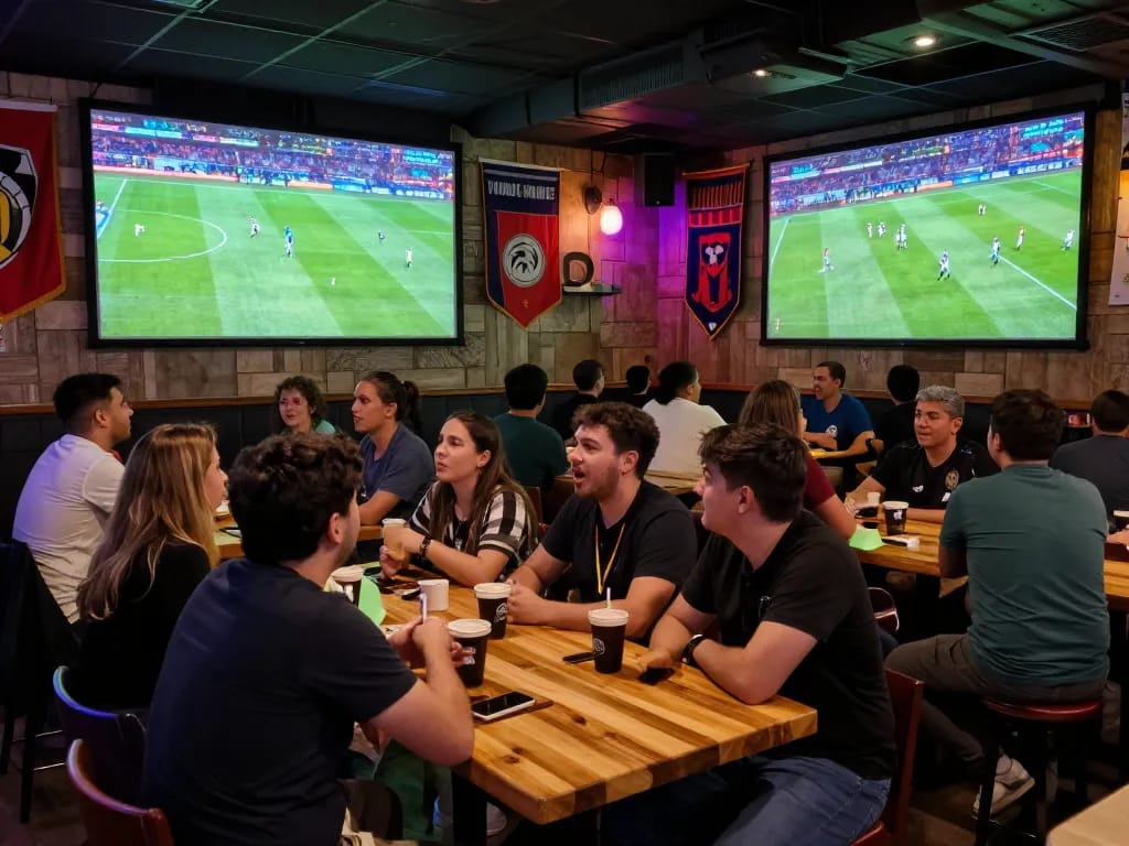 Watch trực tiếp bóng đá socolive in an exciting sports bar packed with fans celebrating goals and cheering on their teams