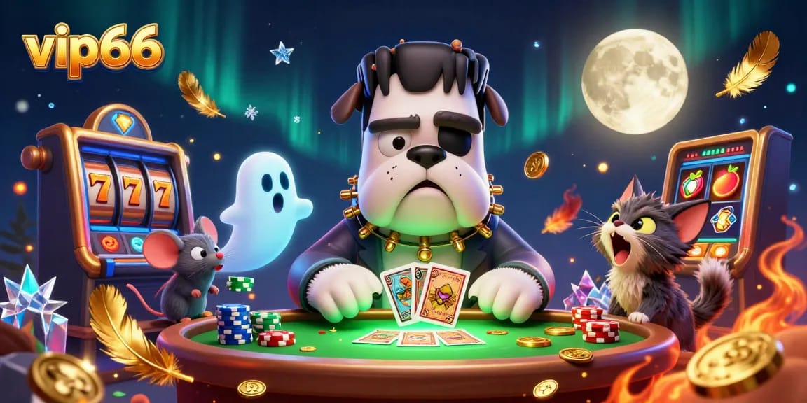 Play exciting games at vip66 with a 3D Frankenstein bulldog dealer amidst vibrant casino elements.