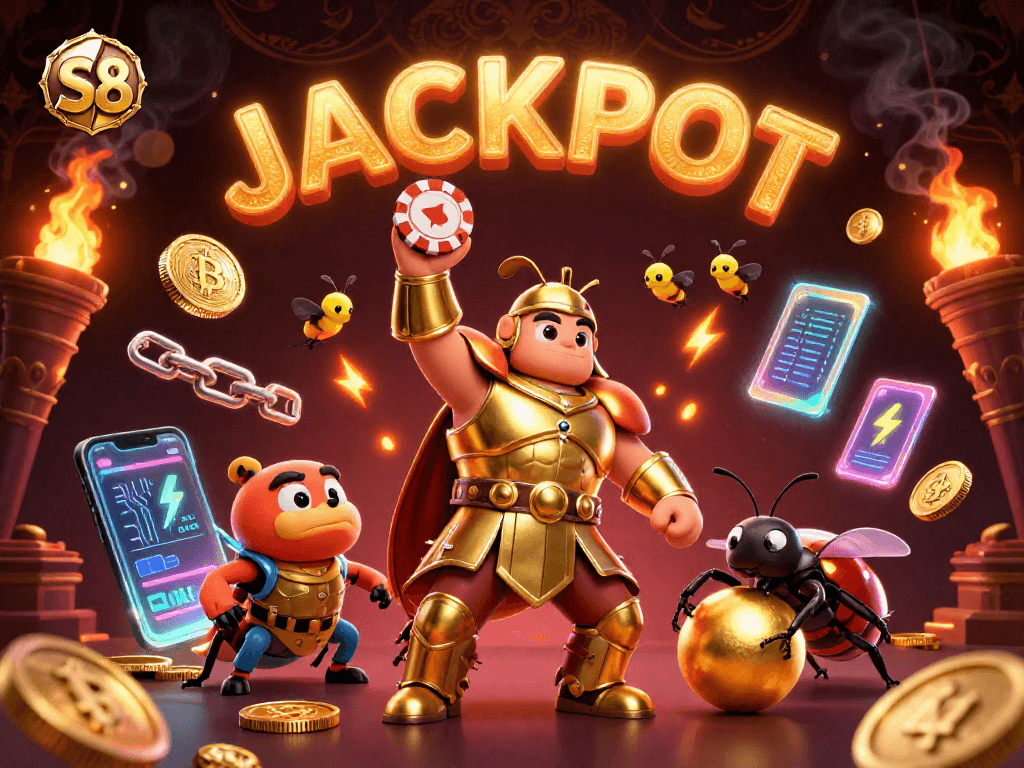 Experience exhilarating wins at S8 with cartoon beetles showcasing a gambling jackpot in a rich casino setting.