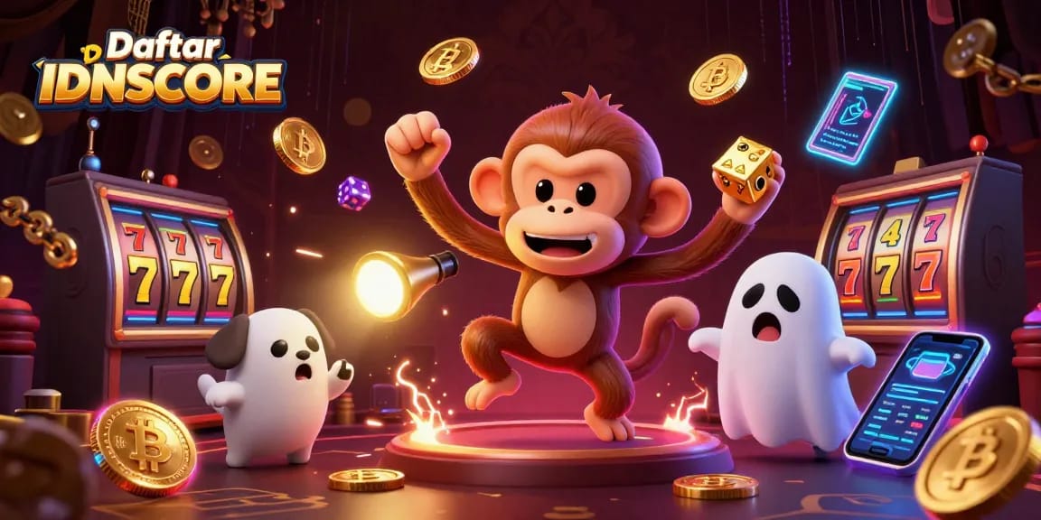 Experience the thrill with Daftar IDNSCORE featuring playful characters in a vibrant casino environment.