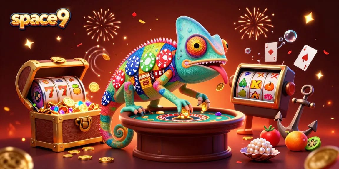 Engage with space9 casino, featuring an animated chameleon owner and dynamic games.