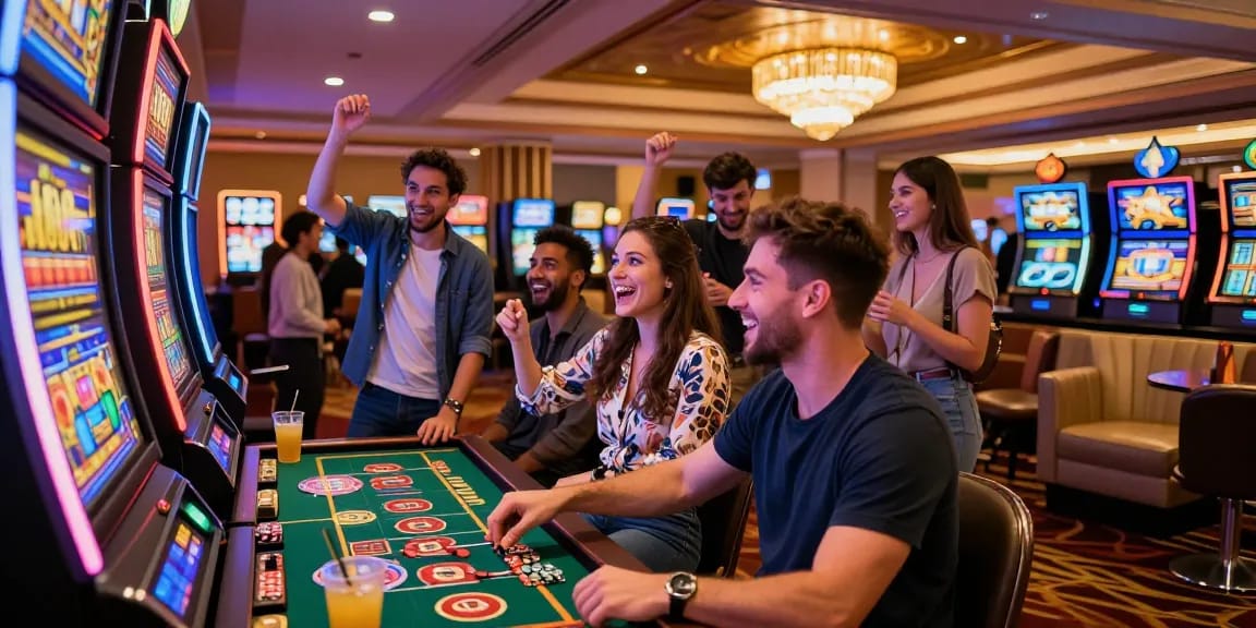 Friends enjoying games at the OK 8386 casino, showcasing excitement and vibrant atmosphere.