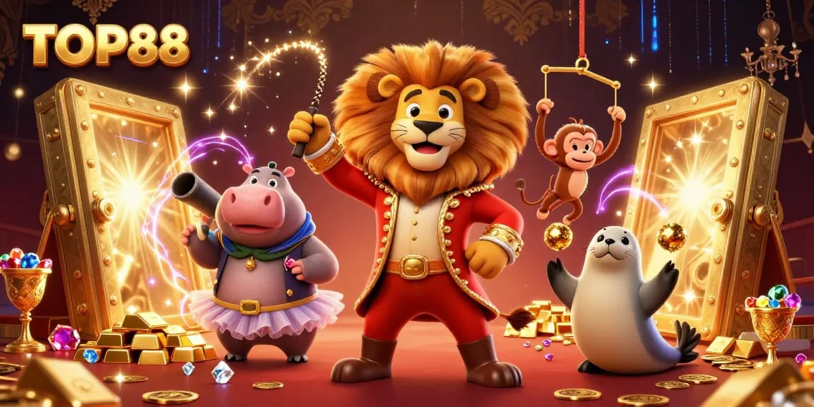 Experience the excitement of TOP88 with vibrant characters and sparkling casino treasures in this engaging illustration.