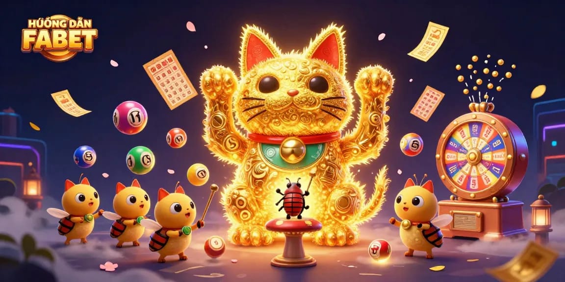 Experience the excitement of "HƯỚNG DẪN FABET" as vibrant lottery elements and a lucky cat illuminate your gaming journey!