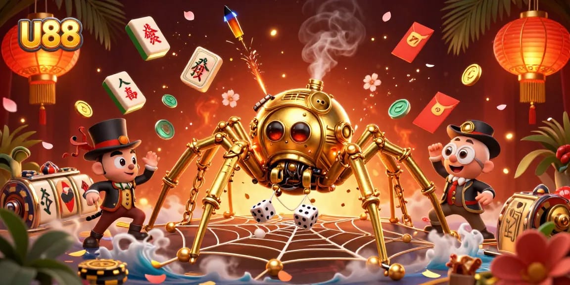 Engage with the dynamic U88 casino scene featuring a playful steampunk spider and fortune elements.