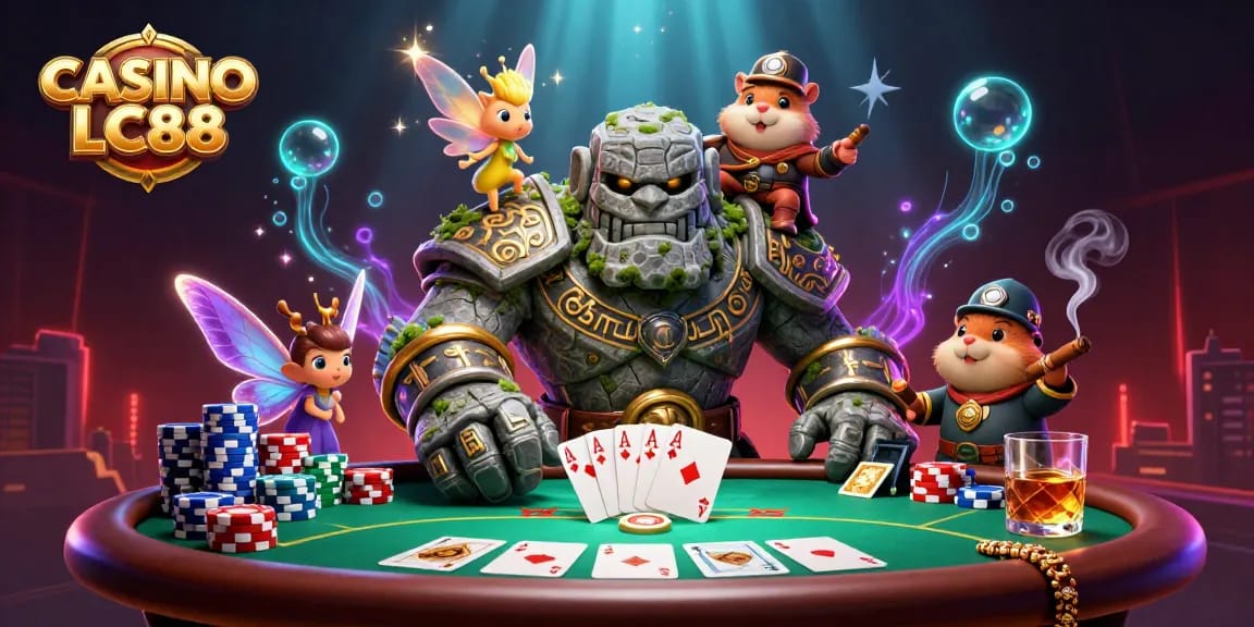Players enjoy exciting games at CASINO LC88, featuring vibrant poker elements and enchanting characters.