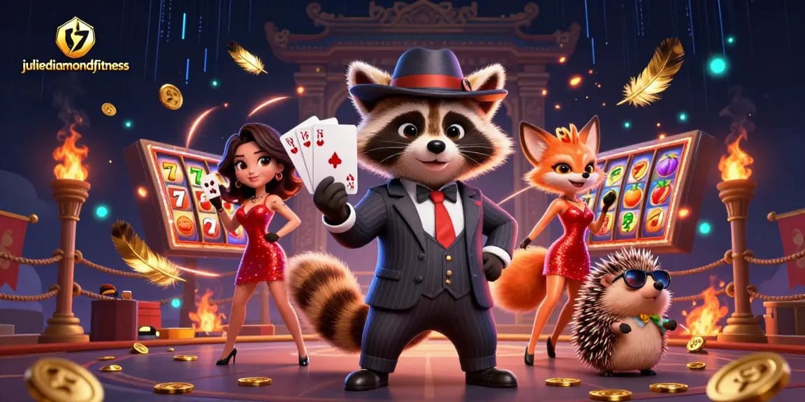 Experience thrilling gameplay with juliediamondfitness, a raccoon in a suit flaunting a royal flush amidst casino elements.