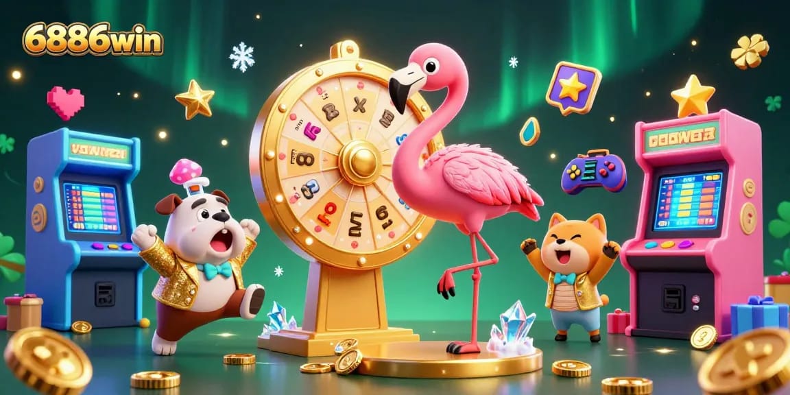 Exciting 6886win jackpot scene with gaming characters celebrating big wins and illustrating thrilling casino action.