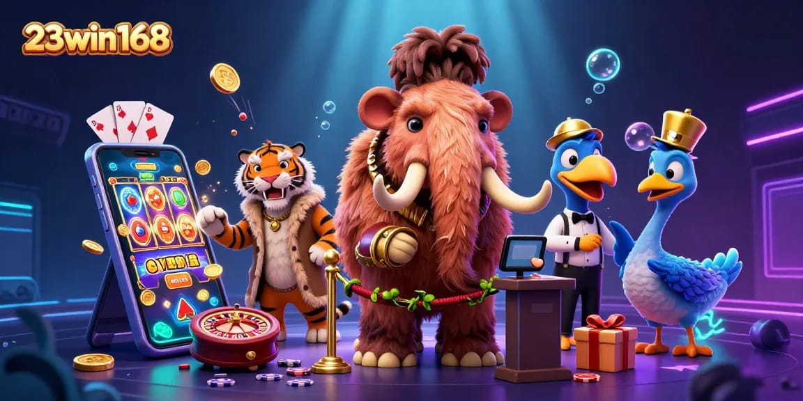 Experience gaming excitement with 23win168 as you spin colorful slots, surrounded by vibrant casino elements.
