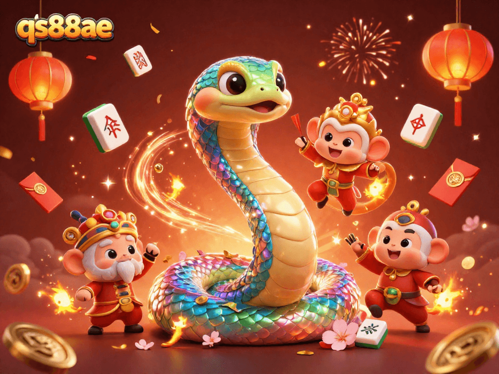 Engage with the vibrant qs88ae universe, featuring a colorful rainbow serpent and monkey king in an energetic casino scene.