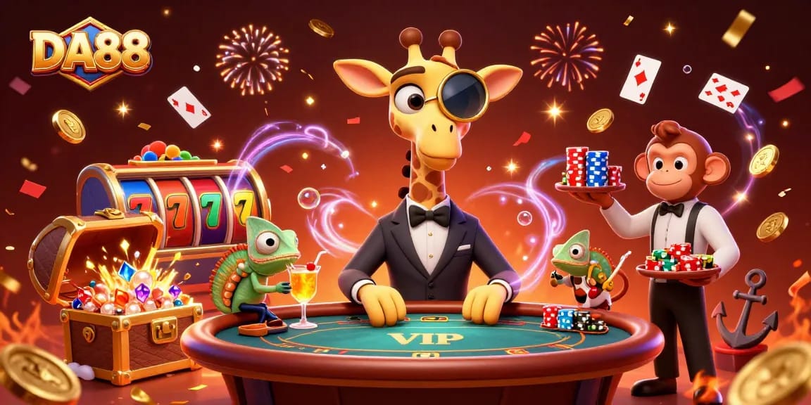 Experience the thrill of DA88 casino with a high-roller giraffe and colorful gaming elements.