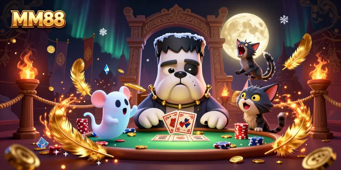 MM88 showcases a 3D cartoon monster dealing cards, amidst an exciting casino atmosphere.