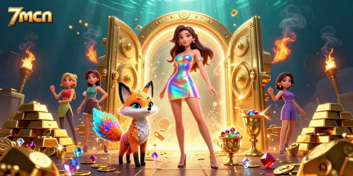 Experience the excitement of 7mcn with vibrant gambling elements and a fantasy illustration.