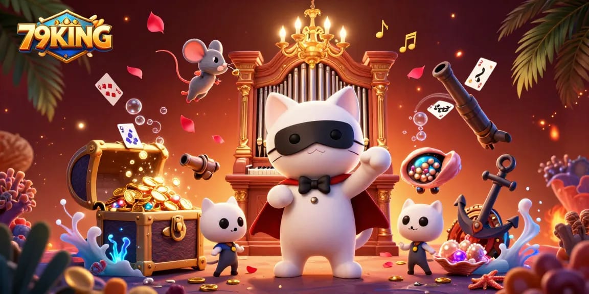Experience thrilling gambling adventures with 79KING's captivating casino scene featuring unique characters.