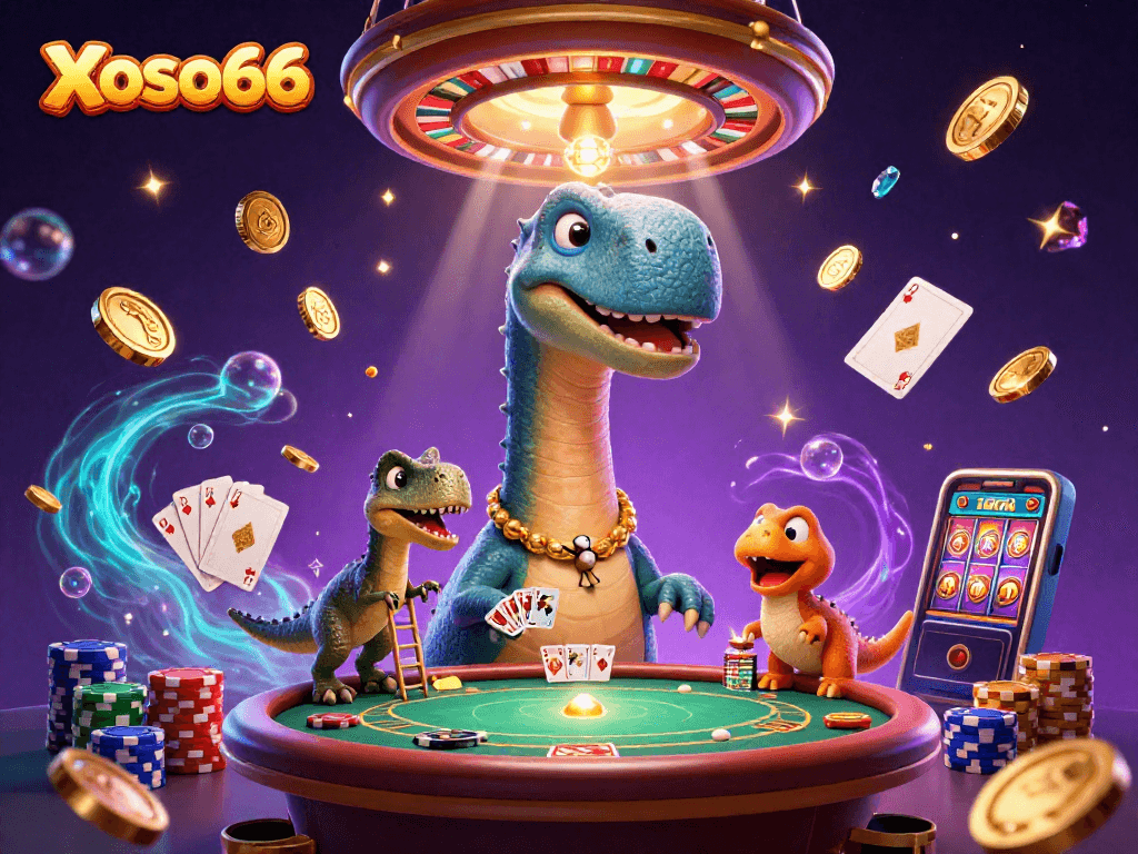 Xoso66 brings an exciting casino atmosphere with vibrant characters and elements showcasing a lively gambling scene.