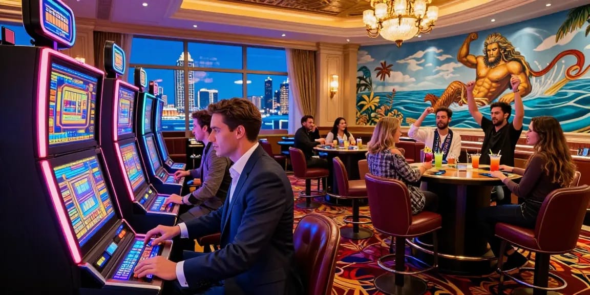 Engaging player at Gran Poseidon casino amidst luxurious decor and gaming excitement.