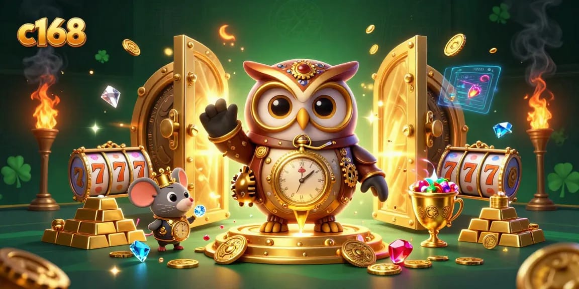 Experience thrilling c168 slot adventures with vibrant reels and golden treasures bursting from a vault.