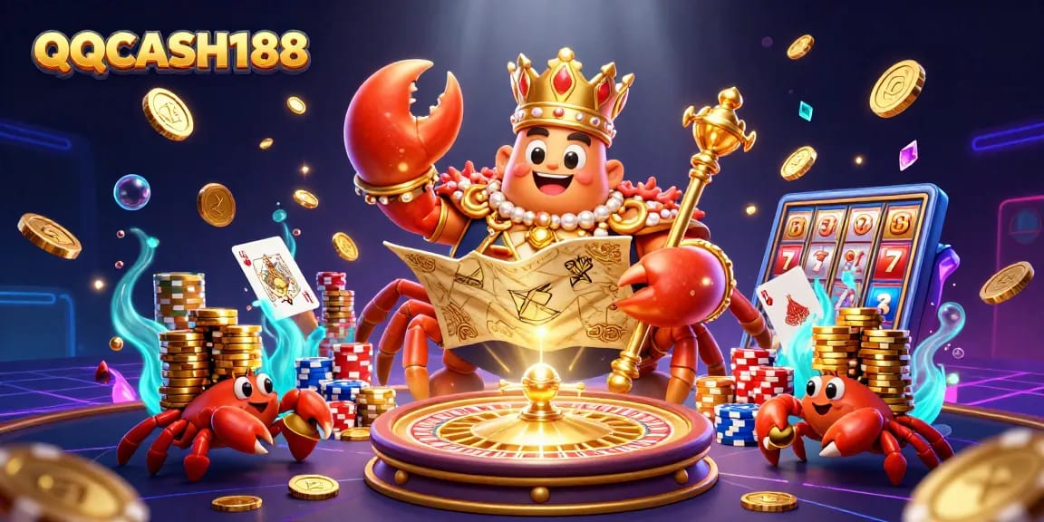Experience the excitement of QQCASH188 with vibrant casino elements and colorful characters.