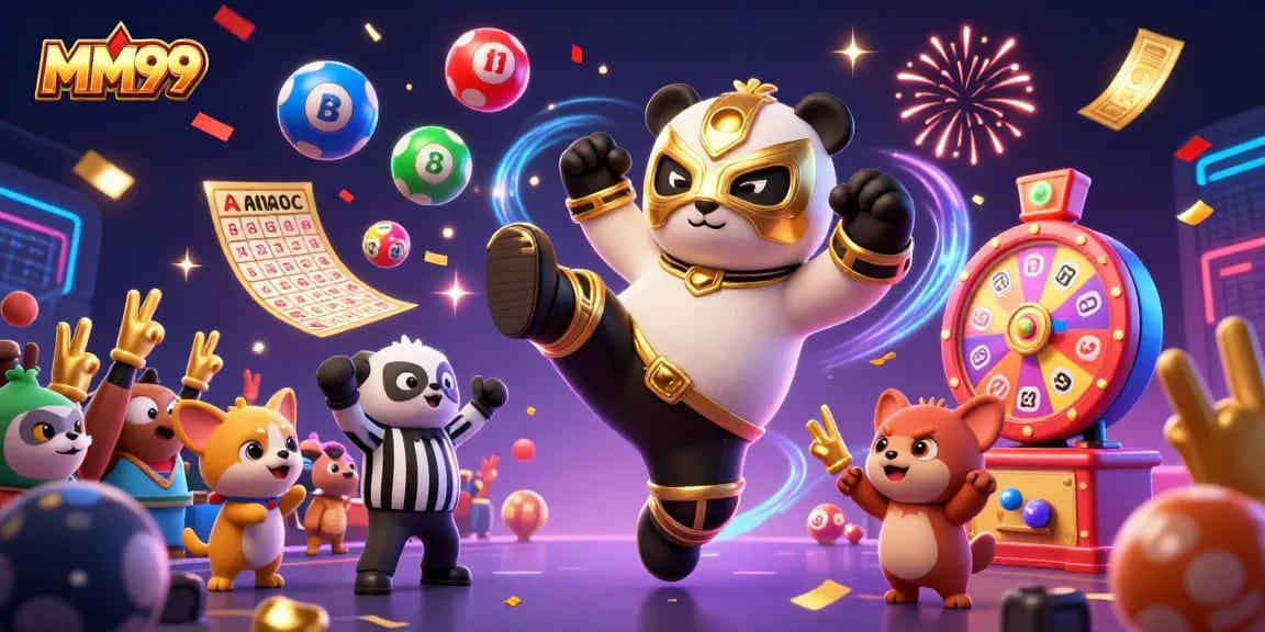 Experience the excitement of MM99 with a dynamic cartoon wrestler panda amidst vibrant casino elements.