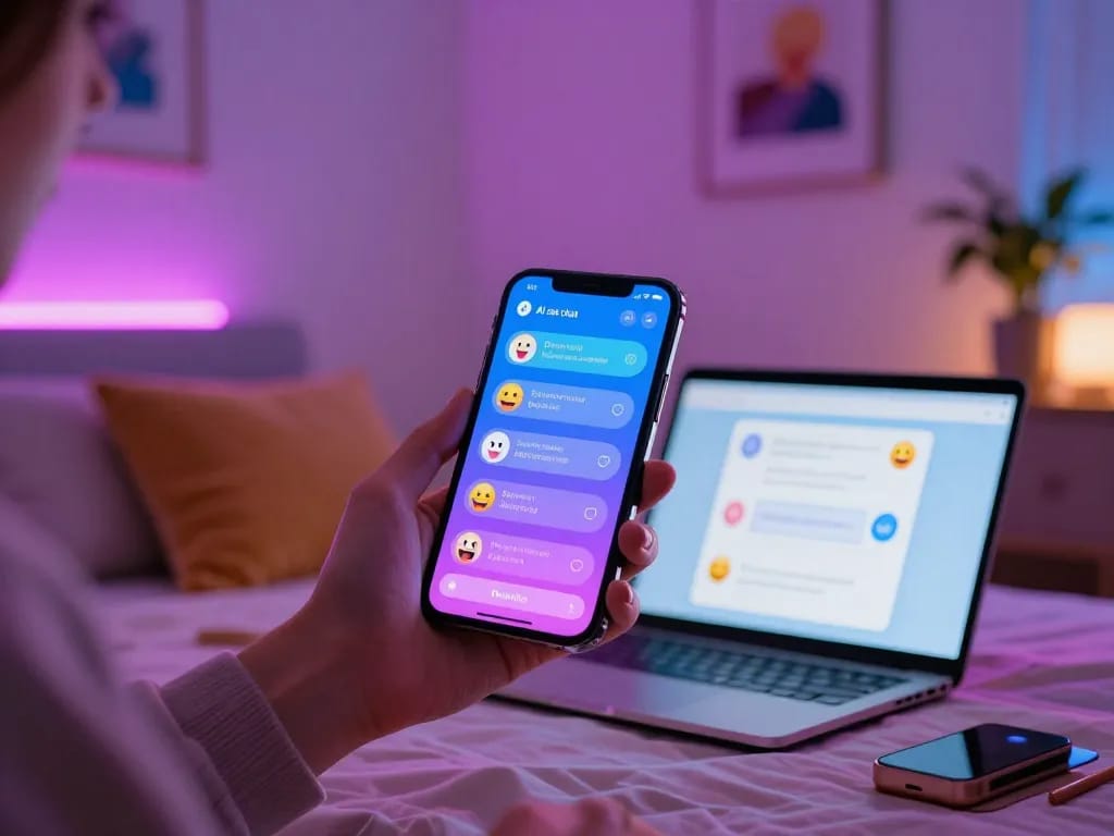 Engaging free AI sex chat conversation in a cozy bedroom with vibrant technology and modern decor.
