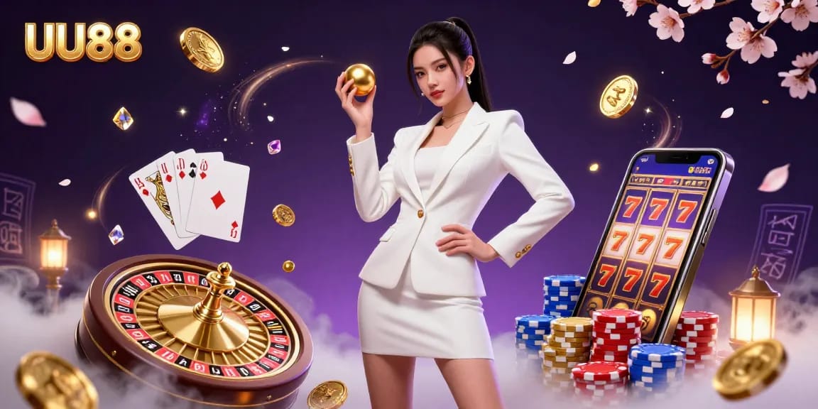 Spin the roulette ball at UU88, featuring a stunning Asian dealer and vibrant casino elements.