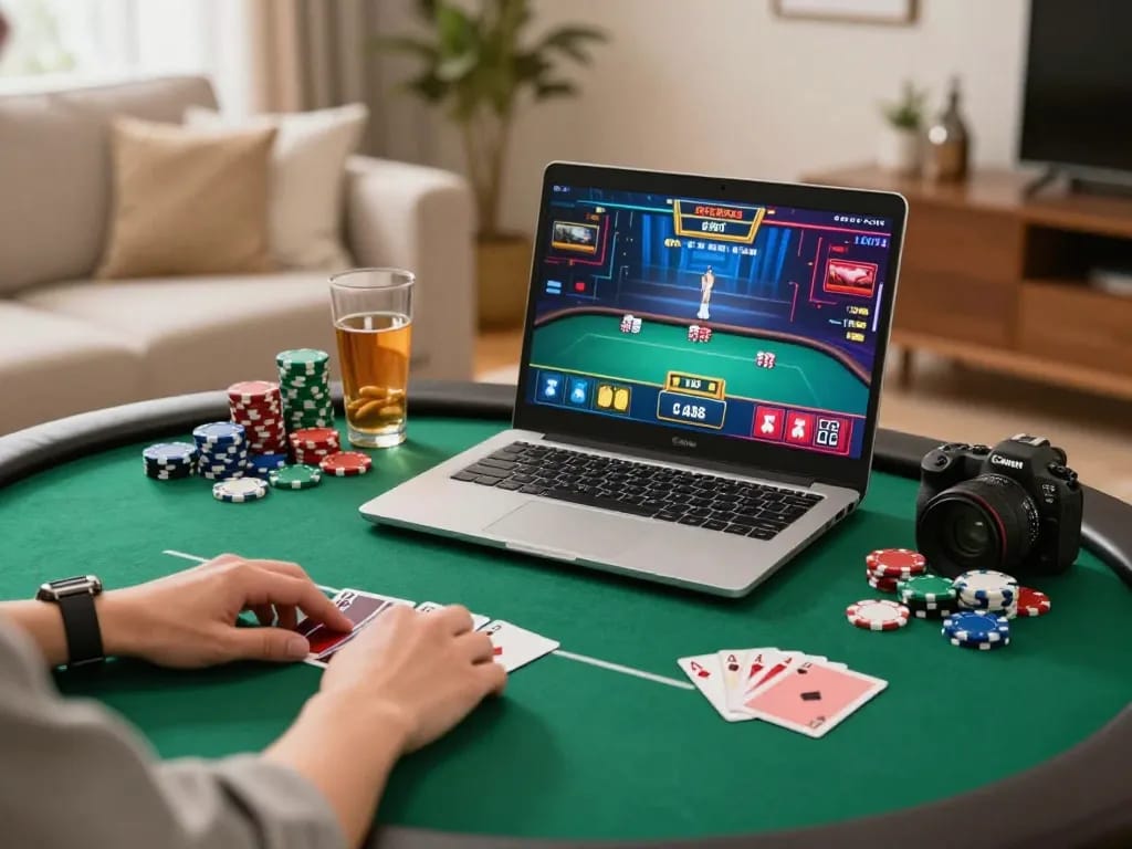 Engaging in a thrilling online poker game at home with 888b on the laptop