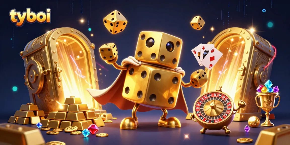 Engage with tyboi's vibrant 3D illustration showcasing thrilling dice and casino elements.