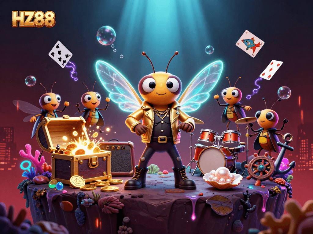 Experience the buzzing energy of HZ88 casino with vibrant characters and dynamic gaming elements.