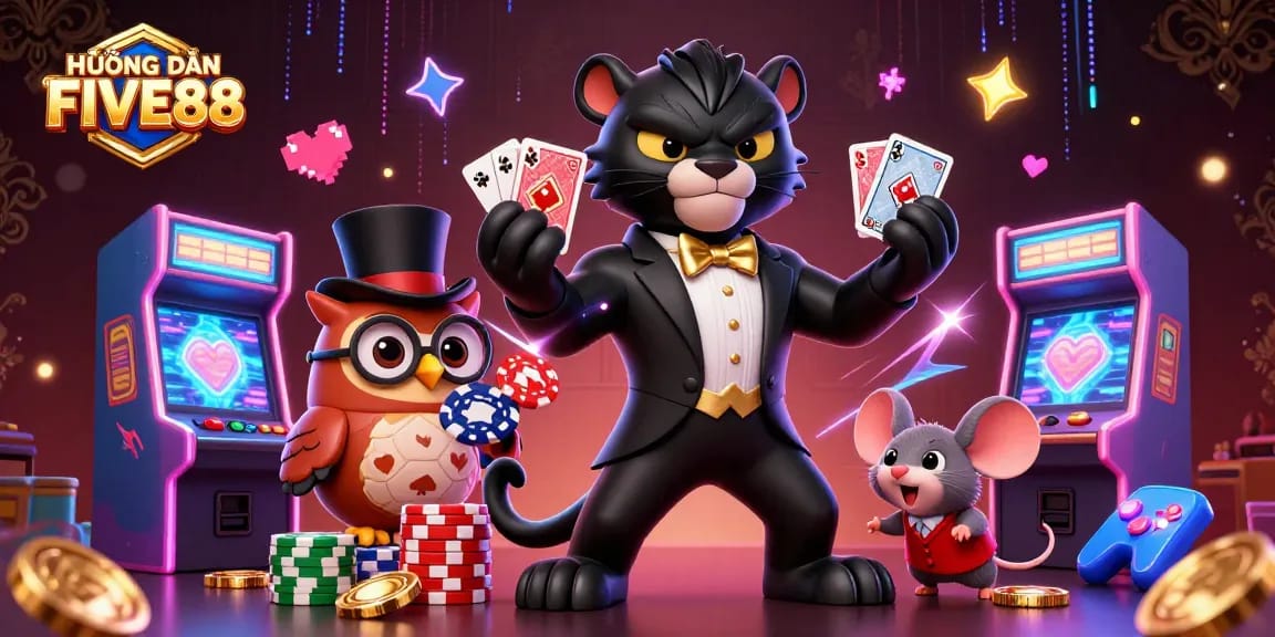Experience the thrill of HƯỚNG DẪN FIVE88 as a stylish black panther deals cards in a vibrant casino setting.