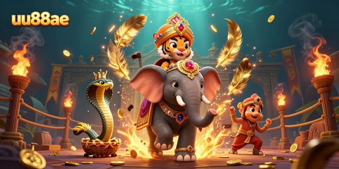 Engage in thrilling gameplay on uu88ae with a vibrant scene featuring a tiger and elephant in a dynamic casino setting.