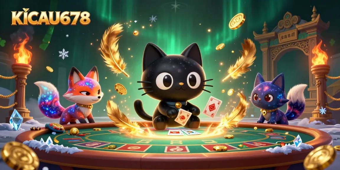 KICAU678 players enjoy a vibrant cosmic casino scene, with characters gathering winning chips amidst dynamic energy.
