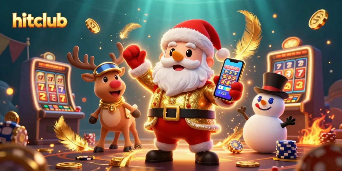 Spin slots at hitclub with a festive Santa and his reindeer dealer in a vibrant casino scene.