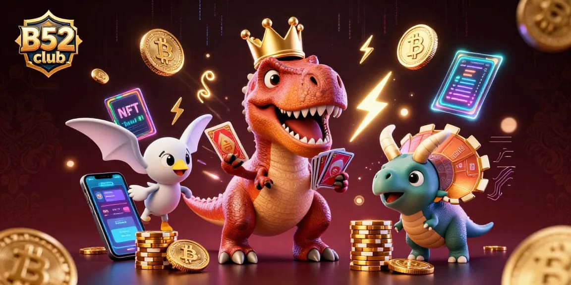 Engage with B52club's thrilling 3D casino experience featuring fun characters and digital gaming elements.